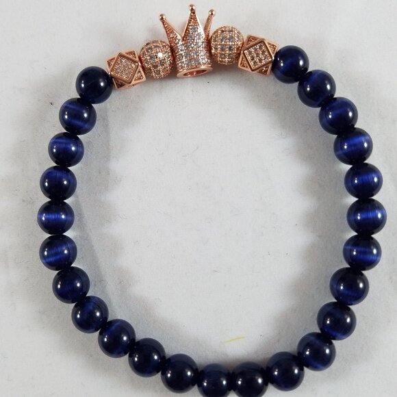 Hand Crafted Cat's Eye Rose Gold Pave Crown Stretch Bracelet Blue 7 3/4” Unisex - Picture 1 of 6
